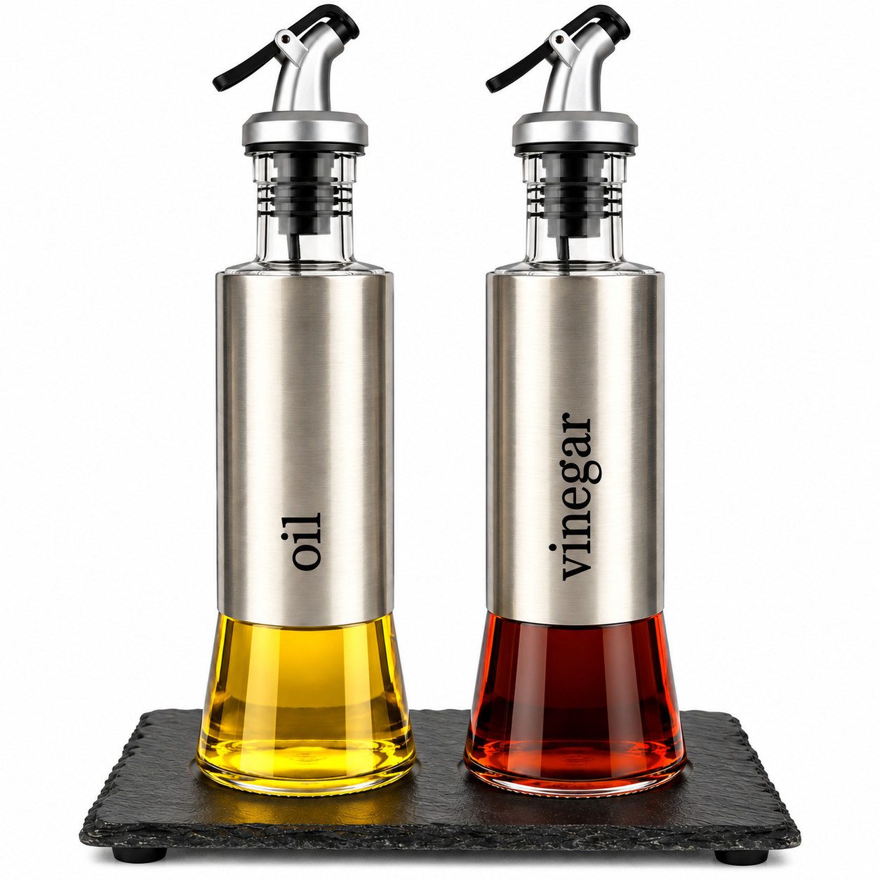 Sendez Menage-Set Öl und Essig Set auf Schieferplatte Ölspender Essigspender Ölflasche