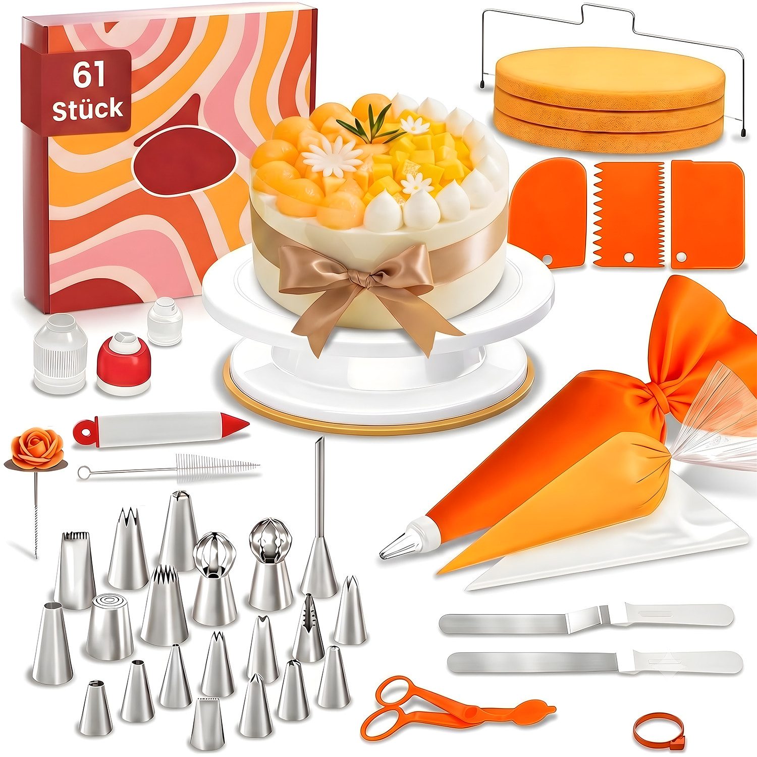AIMAX Spritzbeutel Torten Zubehör Set 61-teiliges Tortenwerkzeug DIY Backset Backzubehör (Tortenplatte Drehbar, Spritzbeutel mit Tüllen, Edelstahl Spritztüllen, 1-tlg., Tortenschneider + Tortenheber + Streichwerkzeug, Dekorations Kits) Tortenständer Torten-Deko Set für Anfänger und Profis Geschenk-Edition