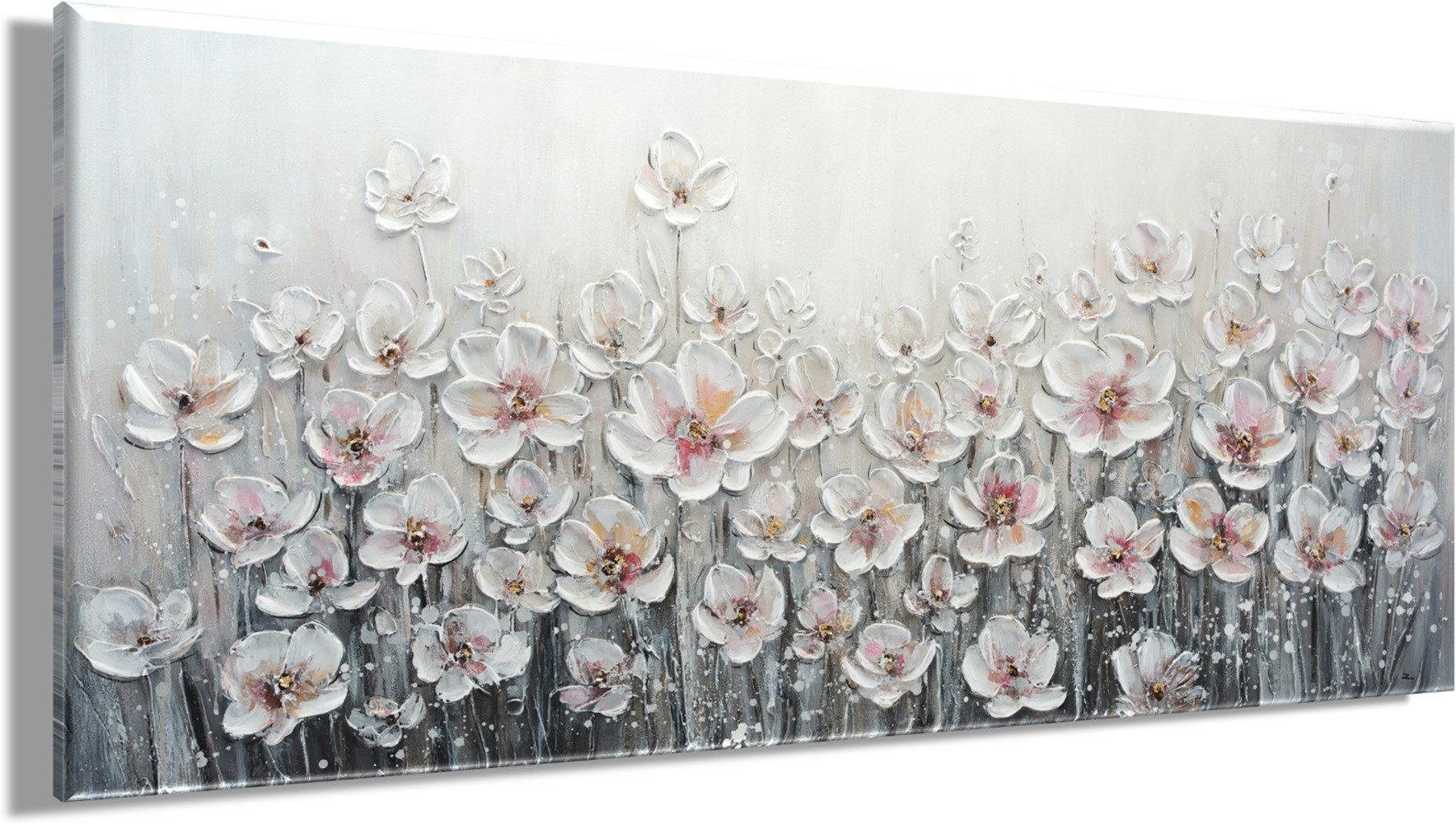 Bönninghoff Ölgemälde handarbeit WEISSE BLUMEN XXL 60x140 cm – Wandbild Kunst Deko, Blumen, Blumenbilder, Gemälde, Kunst, Pflanzen (1 St), handgefertigt, jedes Bild ein Unikat