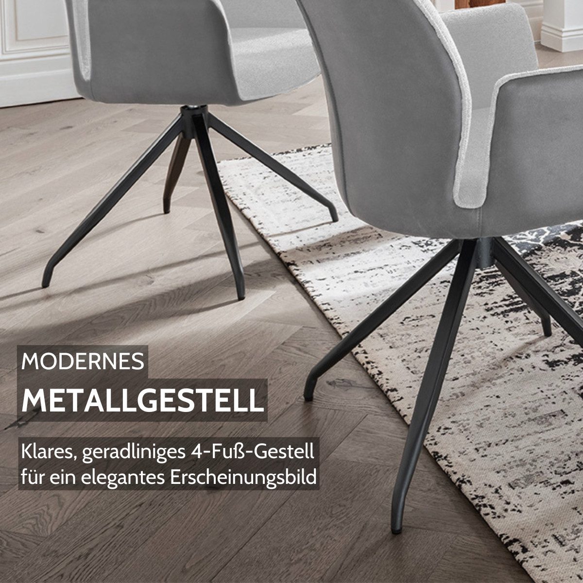 Liadomo Esszimmerstuhl Lyon, Armlehnstuhl, Küchenstuhl, Polsterstuhl, Stuhl, Stühle, Textilbezug Dunkel- oder Hellgrau, Metallgestell schwarz, 360° drehbar
