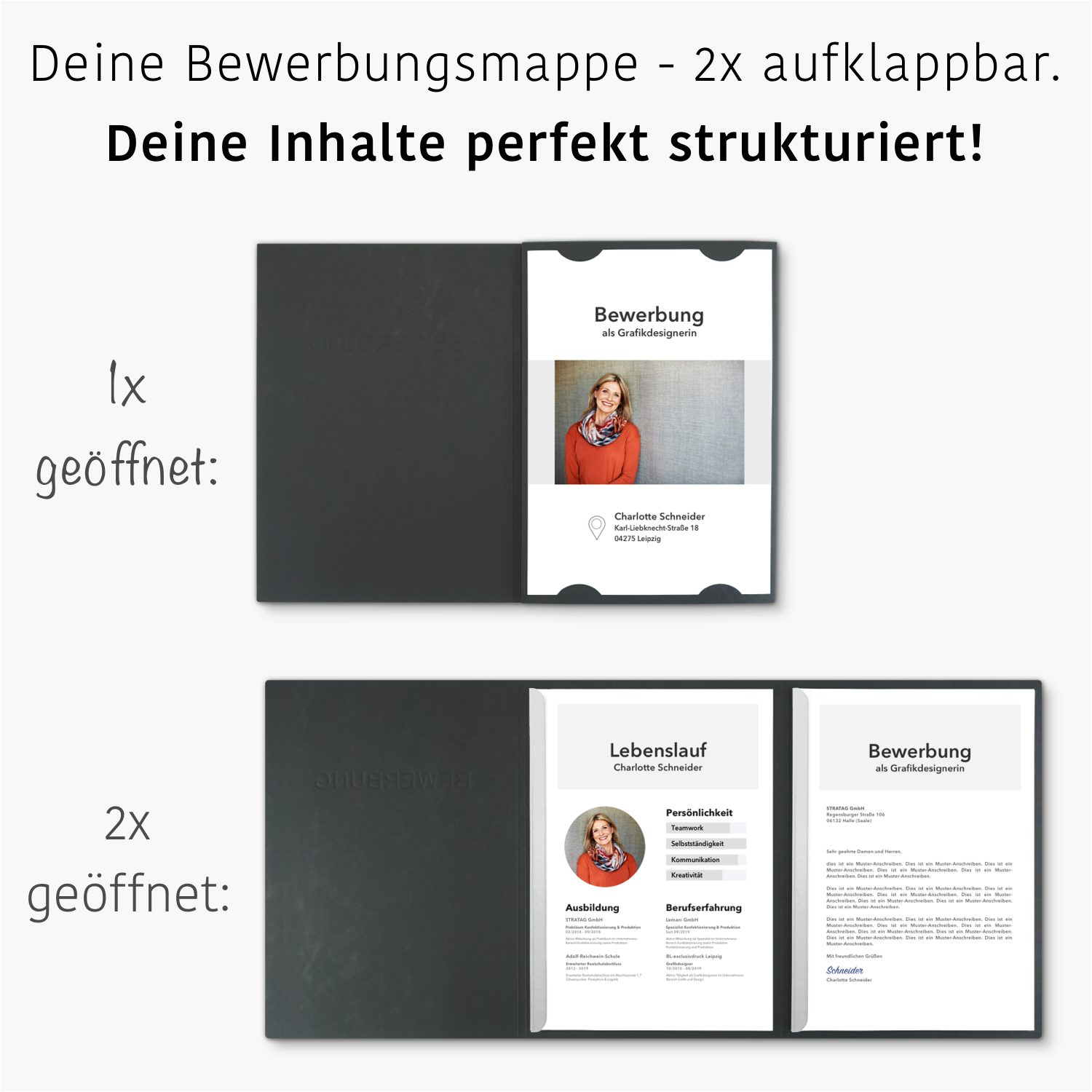 STRATAG Bewerbungsmappe in feinster Lederstruktur - 10 Stück 3-teilig mit 2 Klemmschienen (Set, 10-St., mit hochwertiger Relief-Prägung BEWERBUNG), direkt vom H – Bild 2 von 5