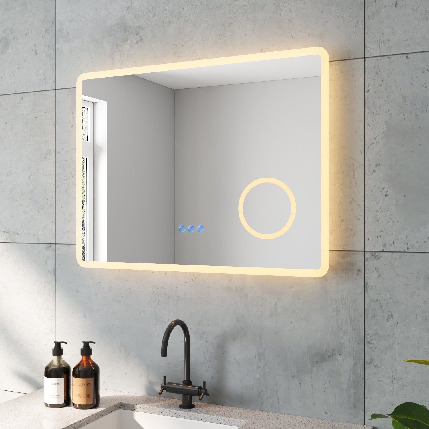 AQUALAVOS Schminkspiegel LED Badspiegel mit Beleuchtung Antibeschlag Wandspiegel Touch-Schalter, 3-fach Vergrößerung Digitaluhr Memory-Funktion Stufenlos dimmbar IP44
