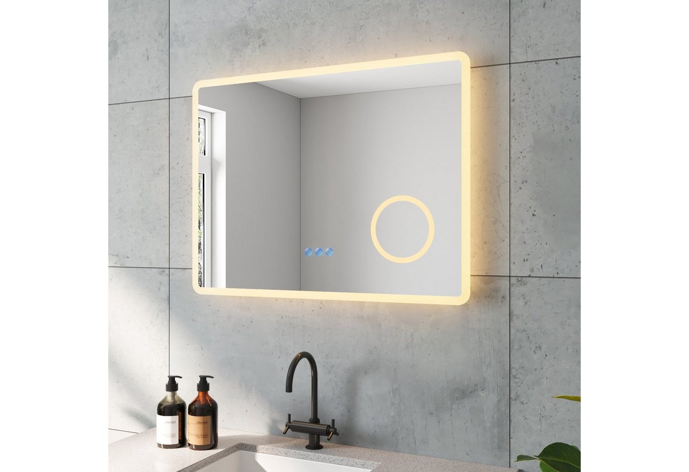 AQUALAVOS Schminkspiegel LED Badspiegel mit Beleuchtung Antibeschlag Wandspiegel Touch-Schalter, 3-fach Vergrößerung Digitaluhr Memory-Funktion Stufenlos dimmbar IP44