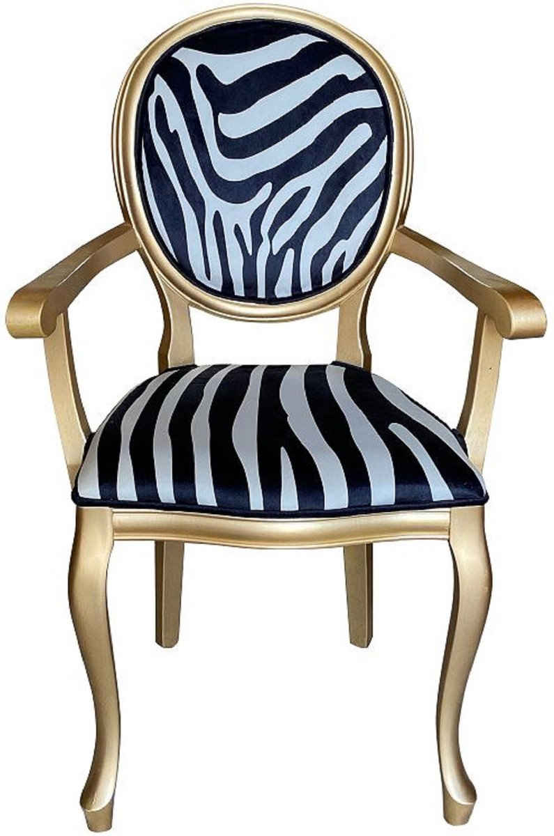 Casa Padrino Esszimmerstuhl Barock Esszimmer Stuhl Schwarz / Weiß / Gold - Handgefertigter Antik Stil Stuhl mit Armlehnen und Zebra Design - Esszimmer Möbel im Barockstil