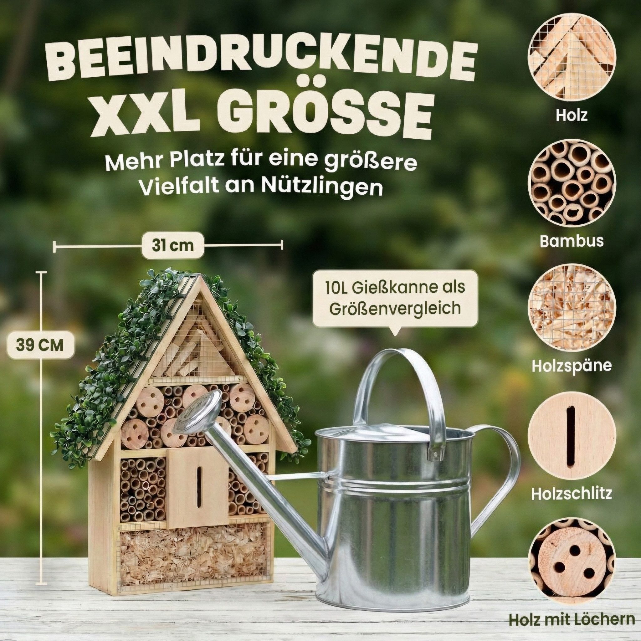 Zooprinz Insektenhotel Insektenhaus zum Aufhängen XXL Vollholz, Bambus, Holz, Holzspäne, Holz mit Löchern, 31x39 cm