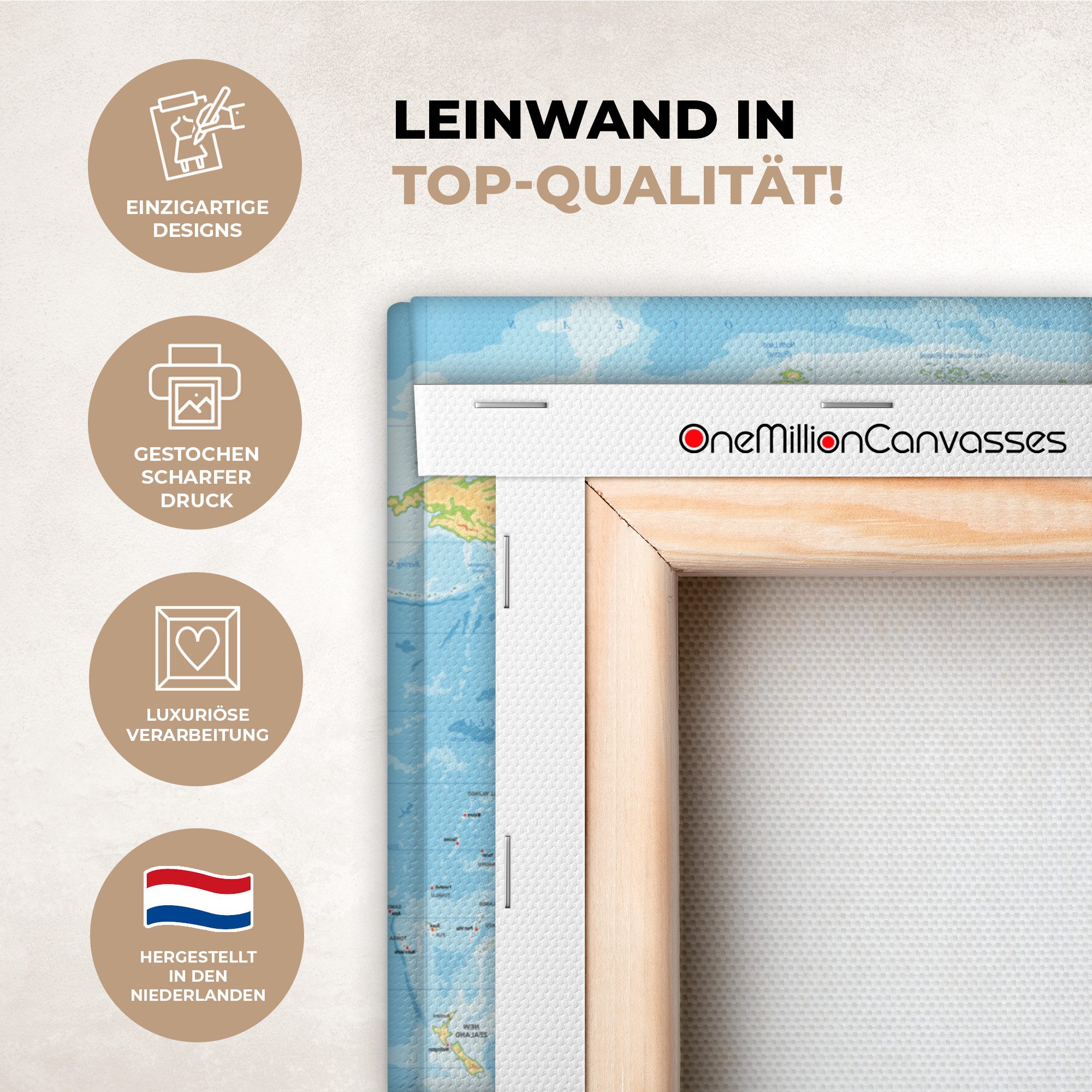 OneMillionCanvasses® Leinwandbild Weltkarte - Geographie - Atlas, Fotodruck (1 St), Leinwand Bilder Klein, Wand Dekoration Aesthetic 30x20 cm