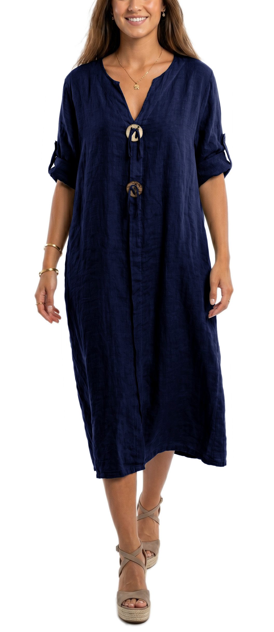 dy_mode Hemdblusenkleid Damen Leinenkleid Midi Hemdblusenkleid mit V-Ausschnitt Freizeitkleid in Unifarbe, V-Ausschnitt, mit seitlichen Eingriffstaschen