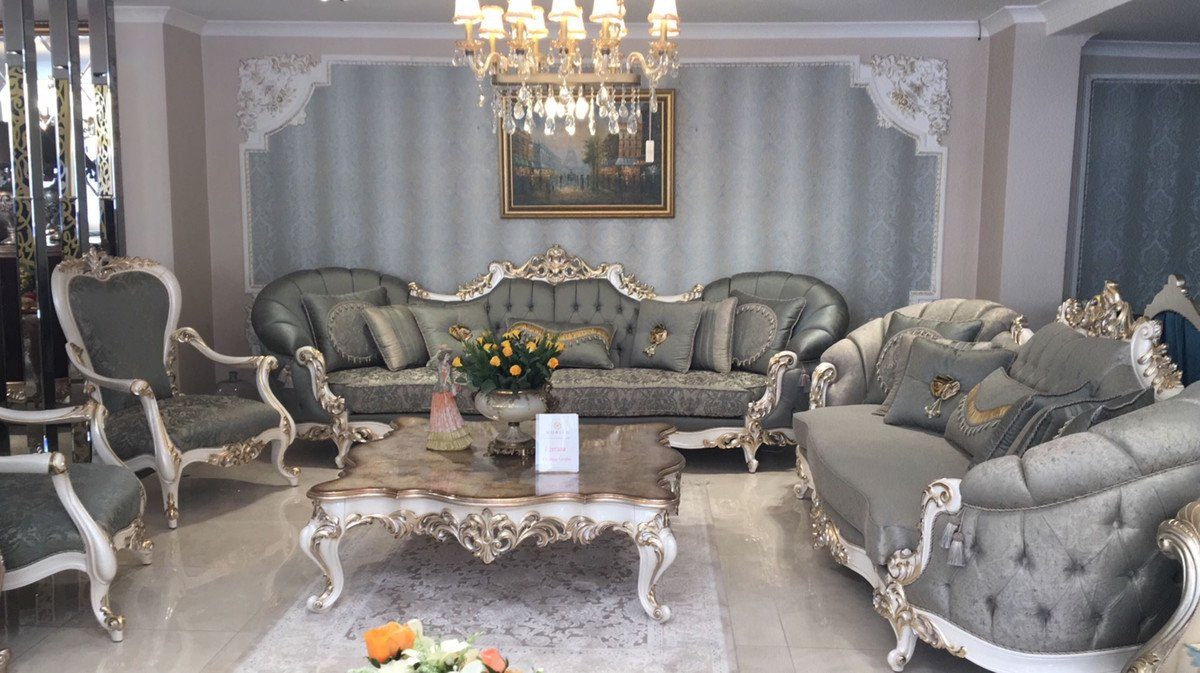 Gold Padrino Möbel Edel Luxus Casa Grün mit / / Prunkvoll Weiß Handgefertigter Wohnzimmer Barock Sessel - - Sessel elegantem Sessel & Muster Barock - Wohnzimmer