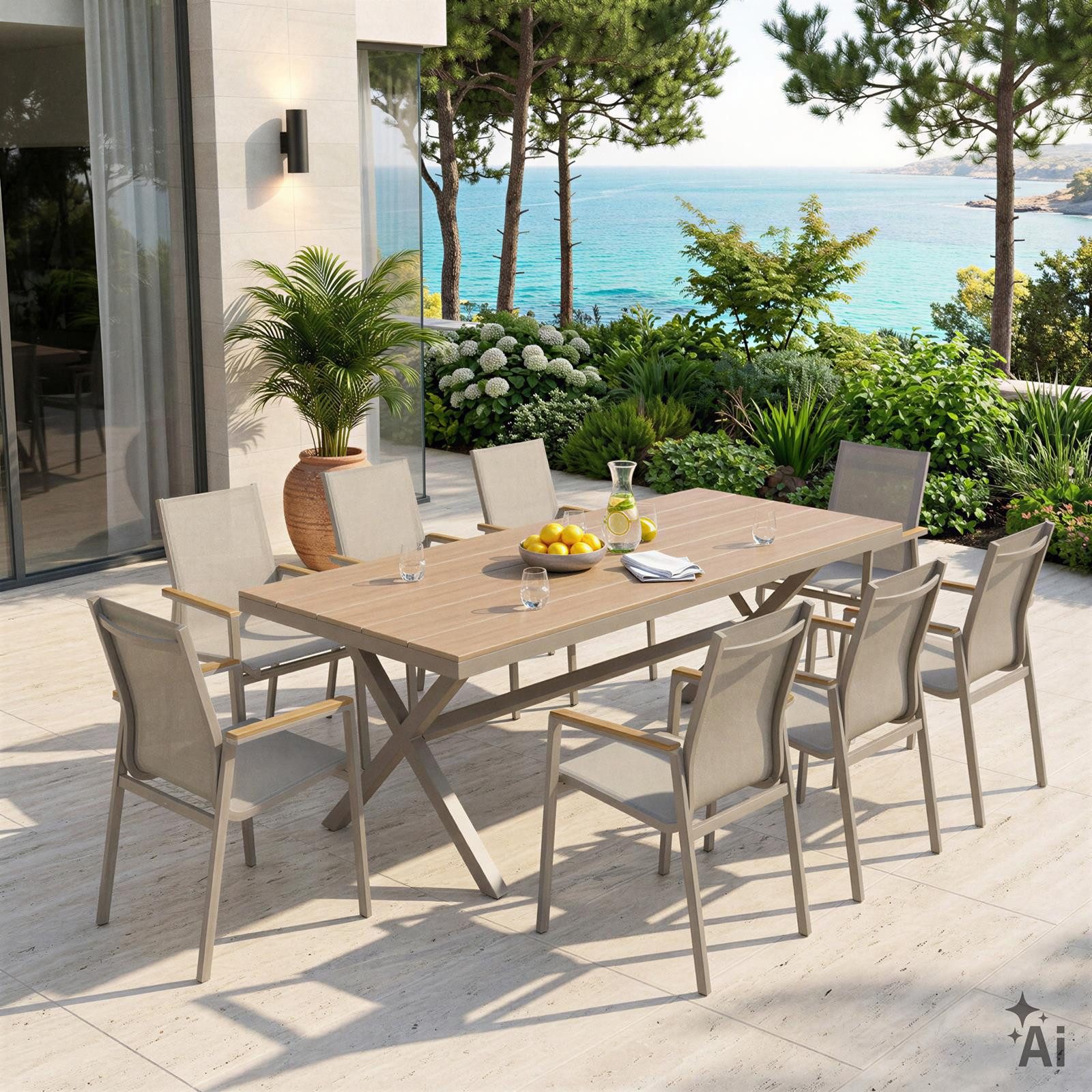 IDIMEX Garten-Essgruppe WINDY, (9-tlg), Gartenmöbel Set für 8 Personen aus Alu und WPC wetterfest Kaschmir