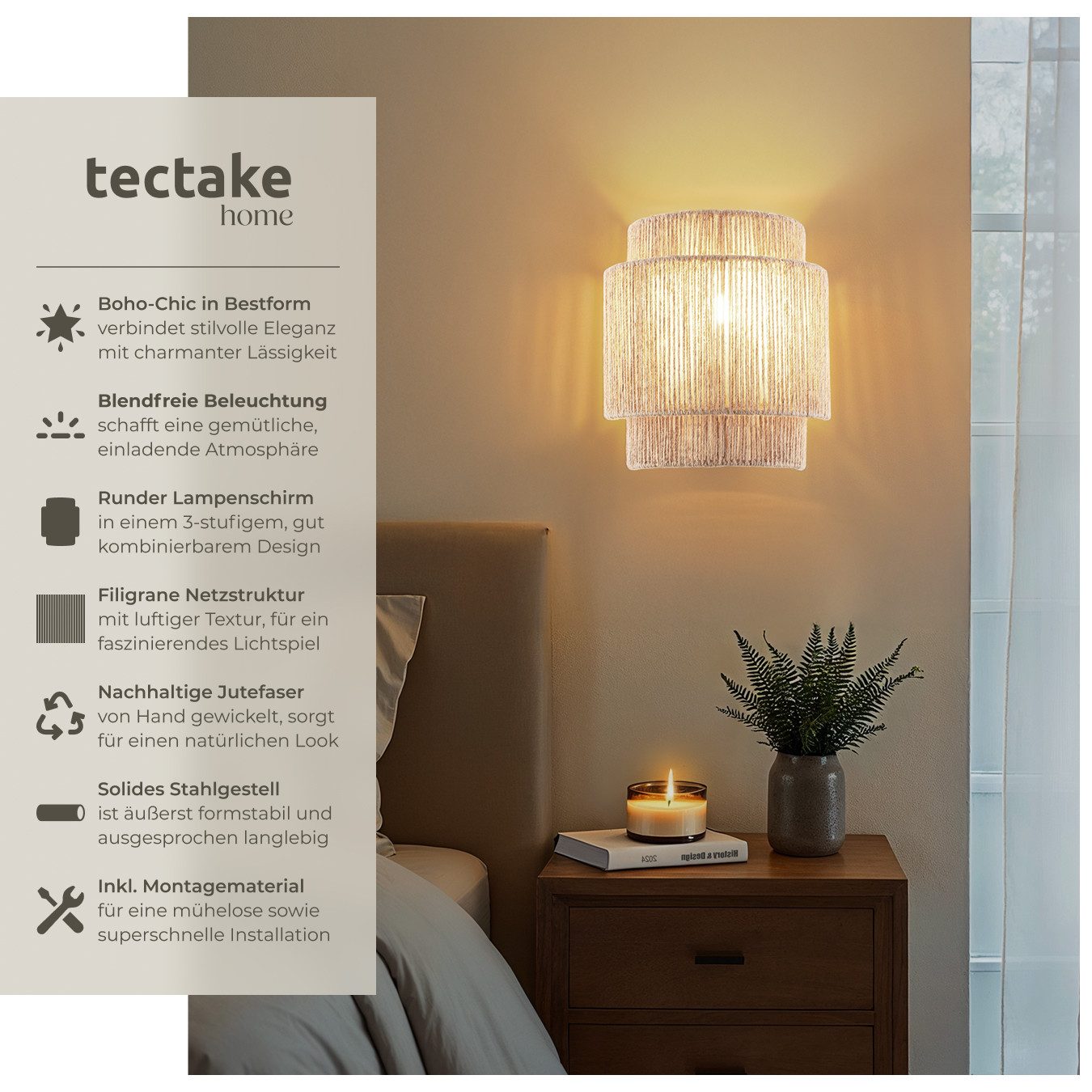 tectake Wandleuchte Wandlampe "Lignea Lux" aus Jute im Boho-Stil, 40W, Kuns günstig online kaufen
