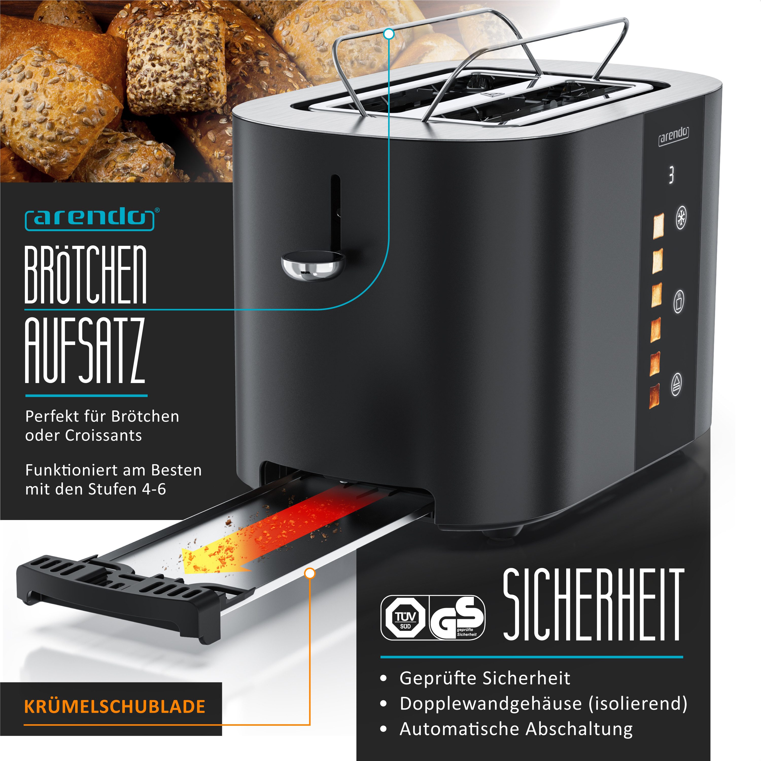 Arendo Toaster 2-Scheiben Kurzschlitz Edelstahl, Touch, Restzeit Bräunungsgradanzeige, 2 Schlitze, für 2 Scheiben, 800 W, Brötchenaufsatz, Wärmeisoliert, Toast- – Bild 3 von 5