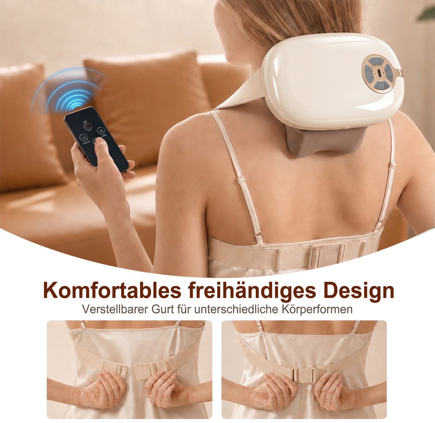 Futicare Nacken-Massagegerät mit Fernbedienung und Wärmefunktion, 6D, 4 Massageköpfe, 4 Modi, 3 Intensitäten, zur Entspannung bei Verspannungen an Nacken, Rücke – Bild 5 von 5