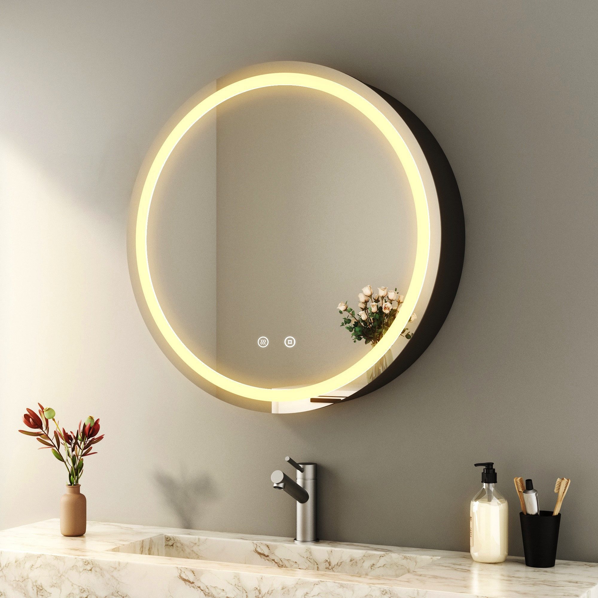 WDWRITTI Spiegelschrank Bad mit Beleuchtung Badezimmerspiegelschrank mit LED ∅80cm, ∅60cm (Wandschrank Badezimmer Rund 60x60cm 80x80cm, 3Lichtfarben, Dimmbar, Anti-fog, Speicherfunktion) Metall Schrank, Stahlblechregale, mit Netzadapter, IP44