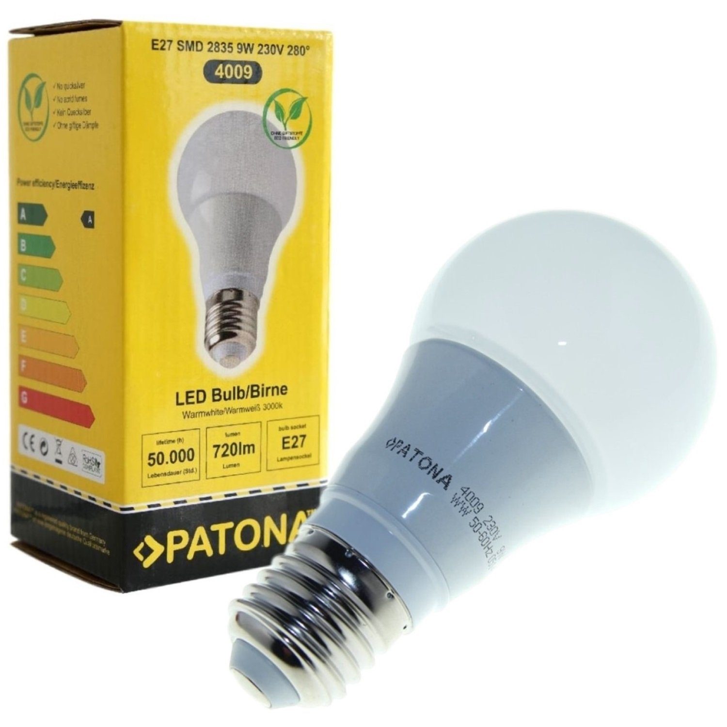 Patona Hängeleuchten »LED Birne E27 9W Ersatz 70W Warm-Weiß«, LED-Lampe  Leuchtmittel 9W = Glühbirne 70W Licht Warmweiß 3000K Größe 120x60mm