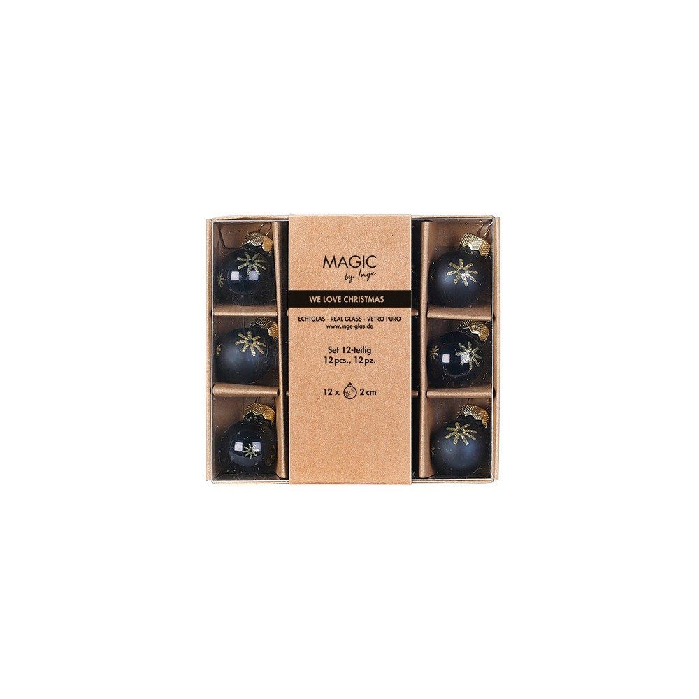 Holly & Jolly Weihnachtsbaumkugel, Weihnachtskugeln Glas 2cm Schneeflocken Motiv 12er Set Ebony Black
