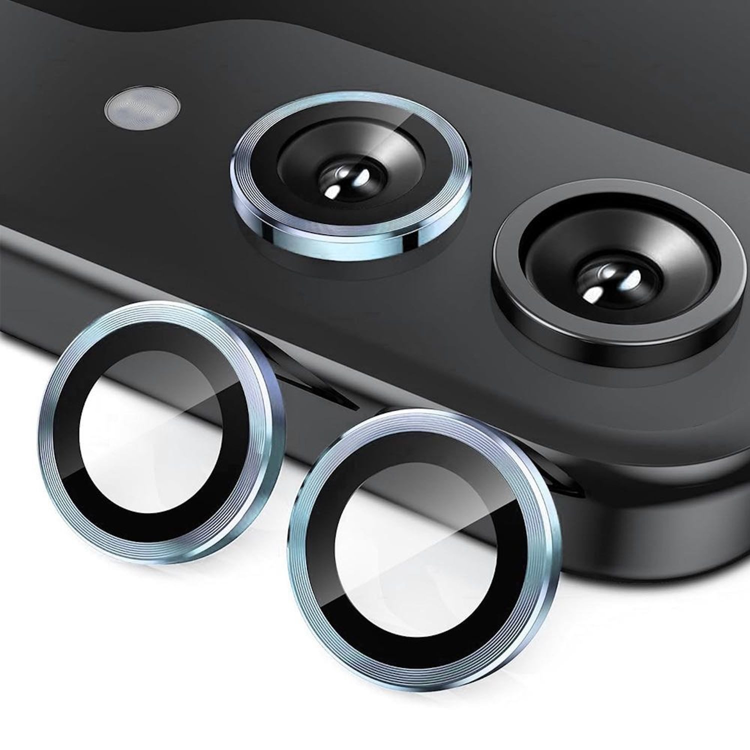 Wigento Handyhülle Für Samsung Galaxy Z Flip7 5G Aluminium Ring + 9H Hart Glas Hellblau, Kameralinsenschutz mit Metallring, gehärtetes Glas