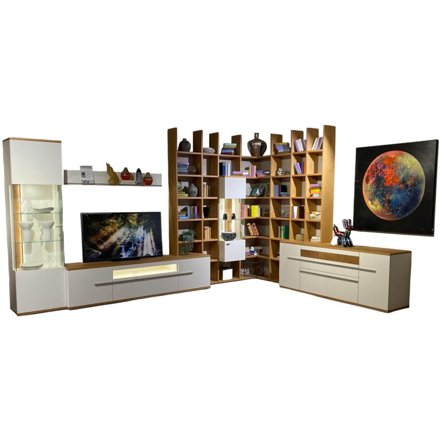 GWINNER Anbauschrank Wohnwand Atena Lack Lack Seidenmatt Weiß Akzente Balkeneiche