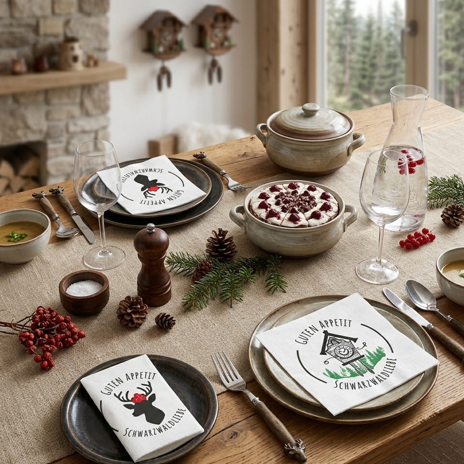 Macosa Home Papierserviette 40 Stk. Servietten Hirsch Schwarzwaldliebe 33 cm, (rustikale Deko für Feier Brunch Abendessen, 40 St., Tischdeko Schwarzwald Landhausstil), 3 lagig Papierservietten Weiß Schwarz Rot