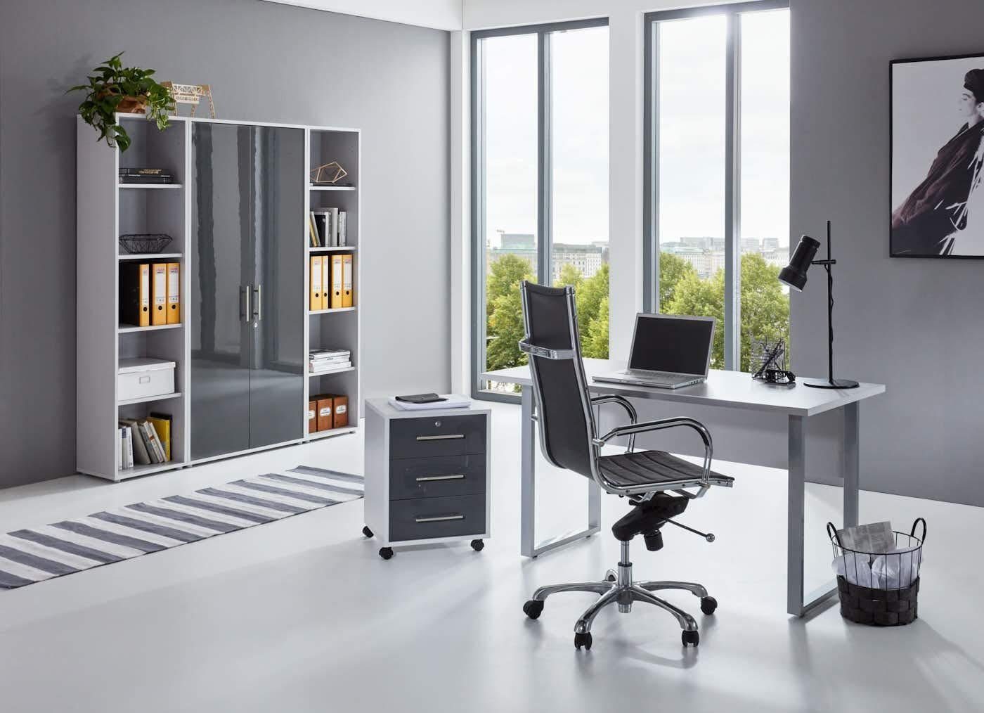BMG Möbel Büromöbel-Set Office Edition Mini Set 3, Büromöbel komplett Set Arbeitszimmer Homeoffice in Lichtgrau/Anthrazit Hochglanz MADE IN GERMANY | Büromöbel-Sets