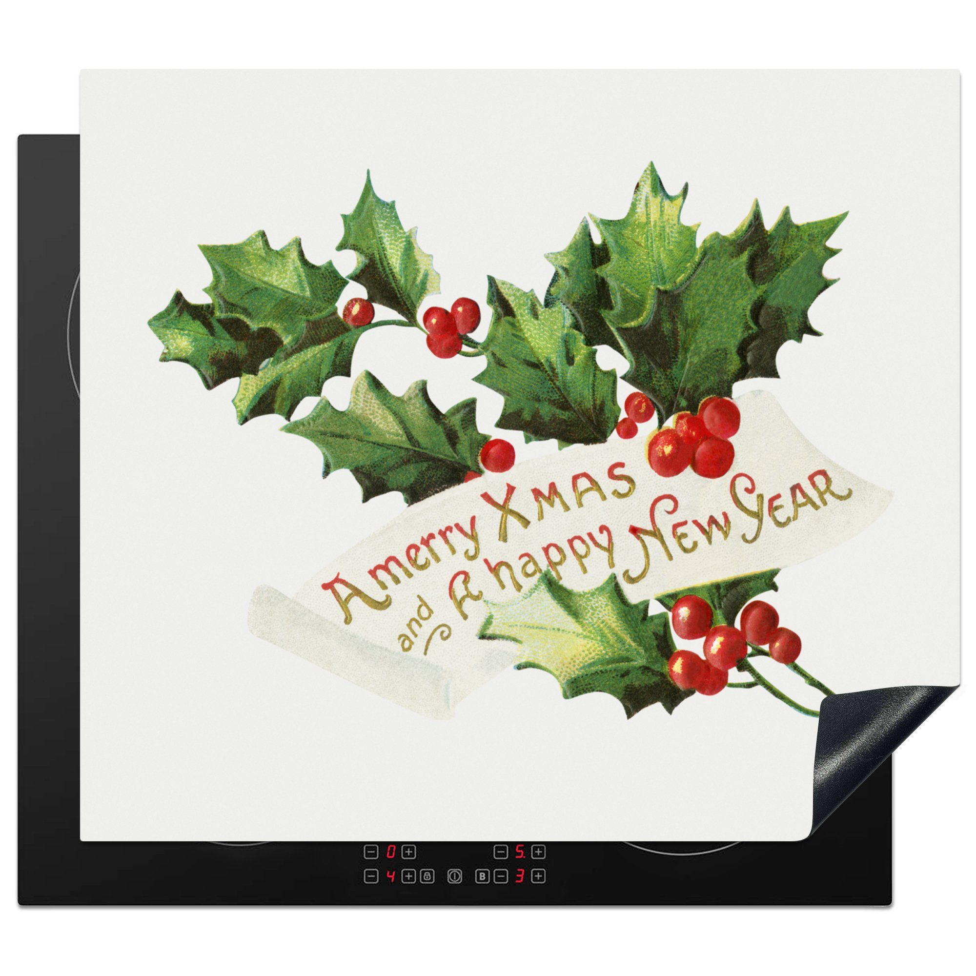 MuchoWow Herdblende-/Abdeckplatte Stechpalme - Weihnachten - Weihnachtsschmuck, Vinyl, (1 tlg), 59x52 cm, Ceranfeldabdeckung für die küche, Induktionsmatte