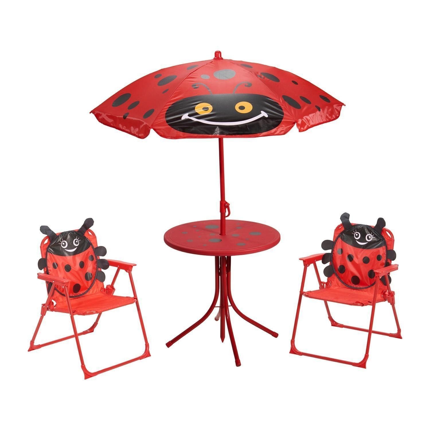 Koopman Kindersitzgruppe 4-teilig LEOPOLD, Rot, Schwarz, Polyester, Stahl, mit 1 Tisch, 2 Stühlen und 1 Sonnenschirm, Marienkäfermotiv