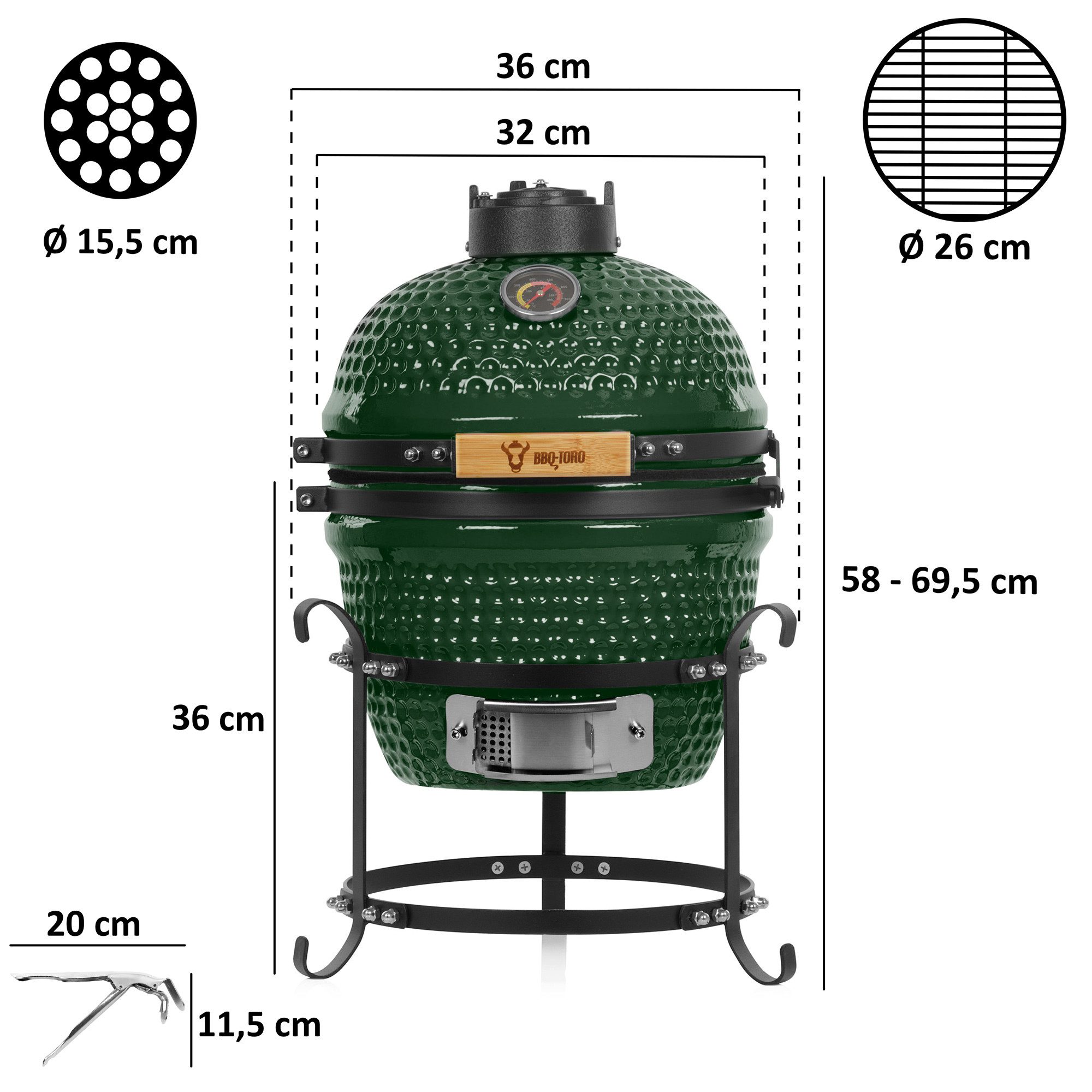 BBQ-Toro Keramikgrill Kamado Holzkohlegrill Ø 32 cm "HAIIRO" mit Grillrost und Thermometer
