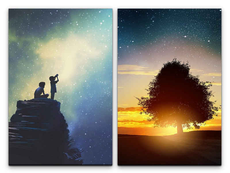 Sinus Art Leinwandbild 2 Bilder je 60x90cm Sterne Sternenhimmel Kinder Teleskop Sommernacht Baum Milchstraße