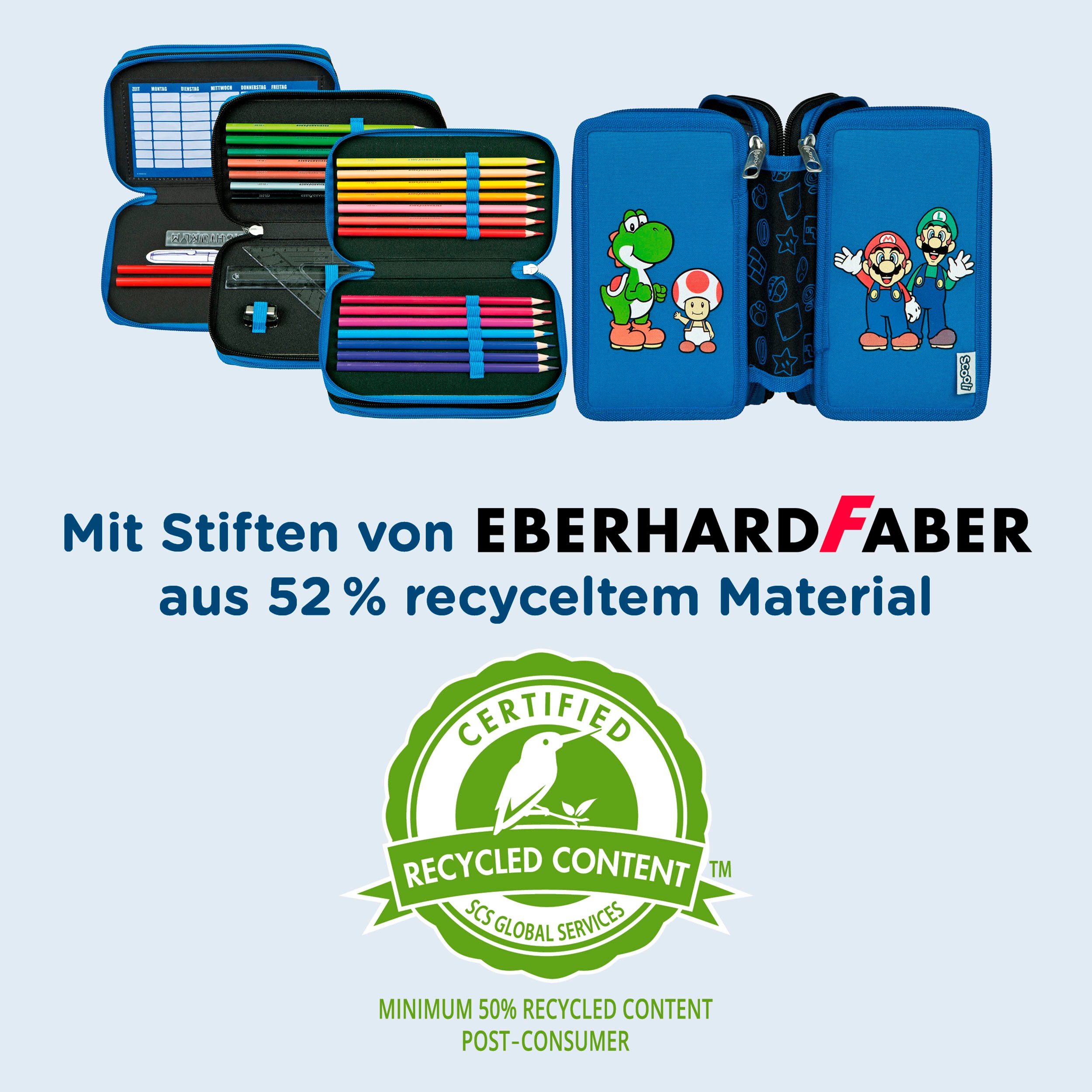 Scooli Federmäppchen Tripledecker, Super Mario, befüllt, inklusive Geodreieck