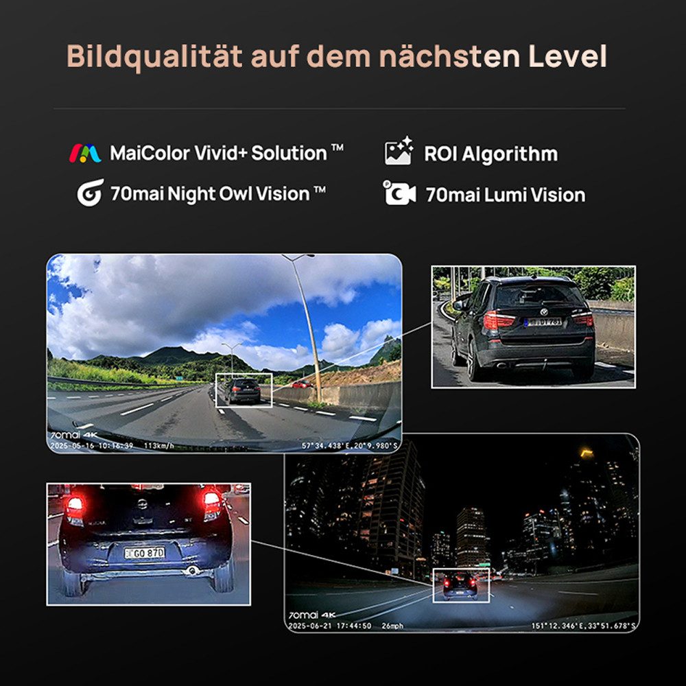 70mai Dashcam Auto A810S 4K HDR, mit STARVIS 2 IMX678 Bildsensor, ADAS Dashcam (4K Ultra HD, WLAN (Wi-Fi), GPS, Super Nachtsicht, 3,0" Bildschirm, G-Sensor, Superkondensator)