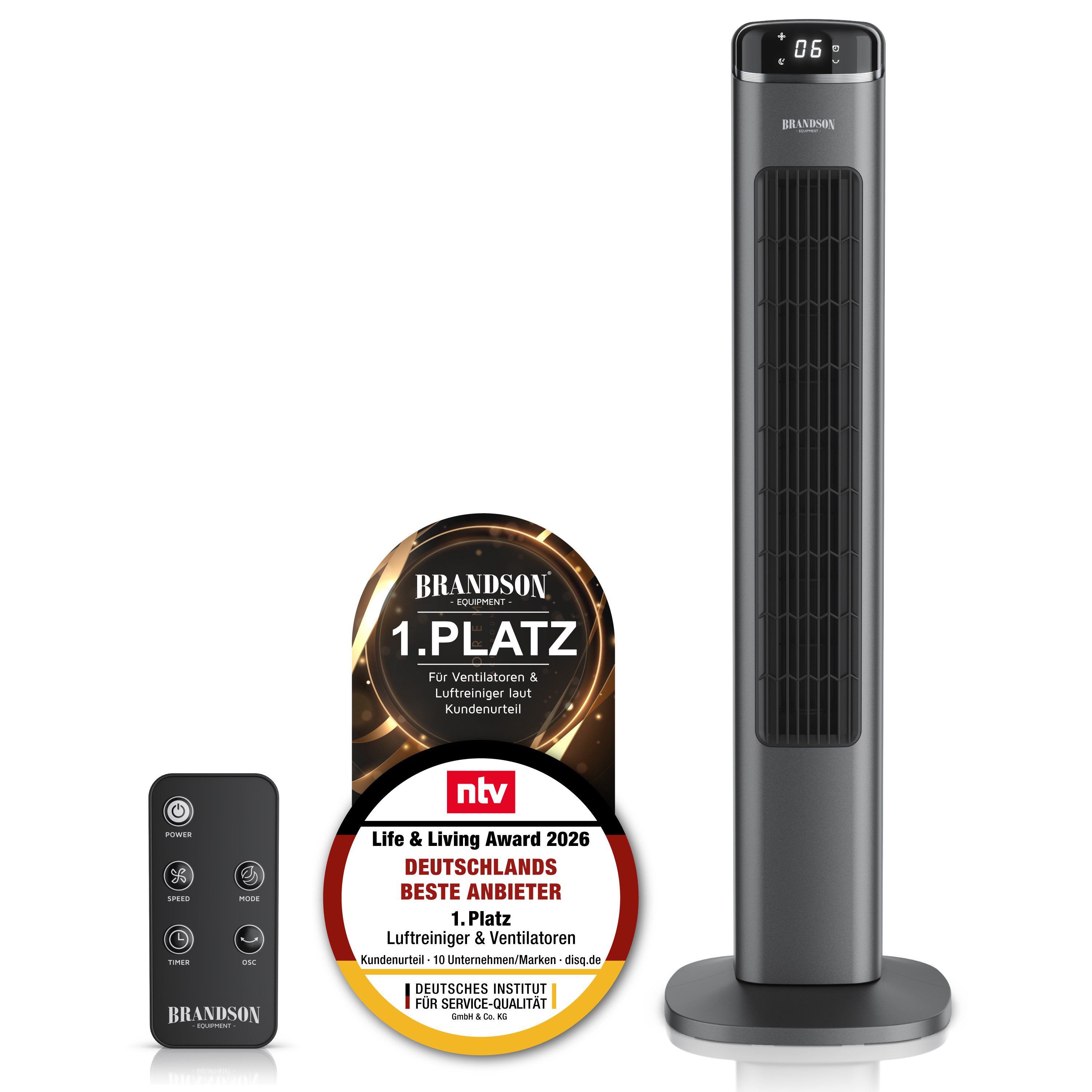 Brandson Turmventilator mit Fernbedienung, Timer, Oszillation, leiser Lüfter, Nacht Modus, Sieger Life & Living Award 2026, 6 Geschwindigkeitsstufen, Display