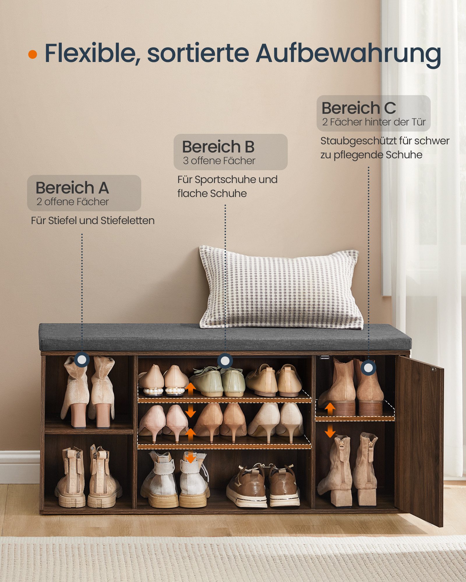 SONGMICS HOME Schuhbank Sitzbank mit Stauraum, offene Fächer, verstellbar, Schuhschrank, Toolless-Technologie, superschnelle werkzeuglose Montage – Bild 4 von 5