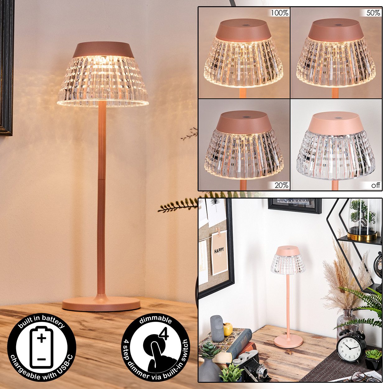 hofstein Tischleuchte Tischlampe dimmbar aus Metall/Kunststoff in Rosa/Klar, ohne Leuchtmittel, verstellbare Tischleuchte m.Touchdimmer, Höhe 38cm, 1 Watt, 100 Lumen