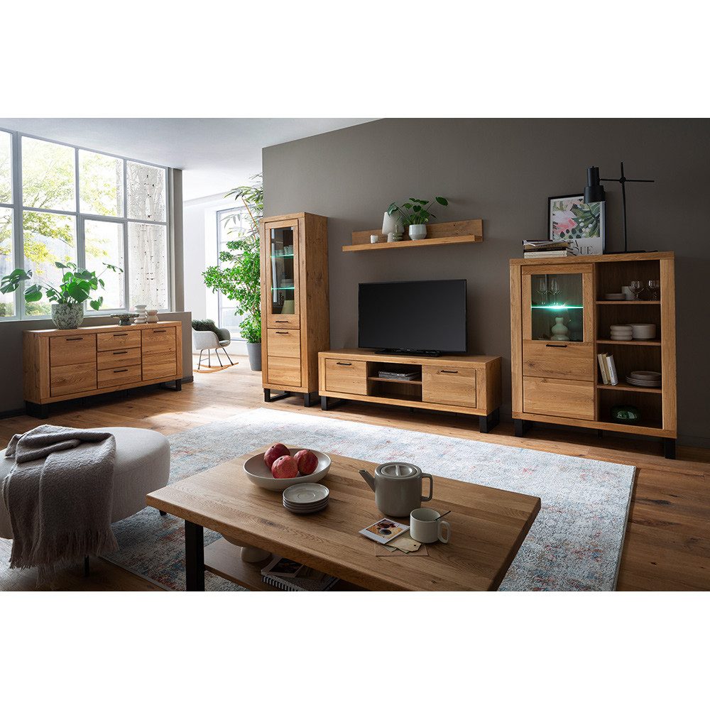 Lomadox Wohnzimmer-Set KUMASI-06, (Mega-Spar-Set, 6-St., Couchtisch Highboard Lowboard Sideboard Vitrine Wandregal), in Eiche teilmassiv, inkl. LED-Beleuchtung, Metallgriffe & -füße