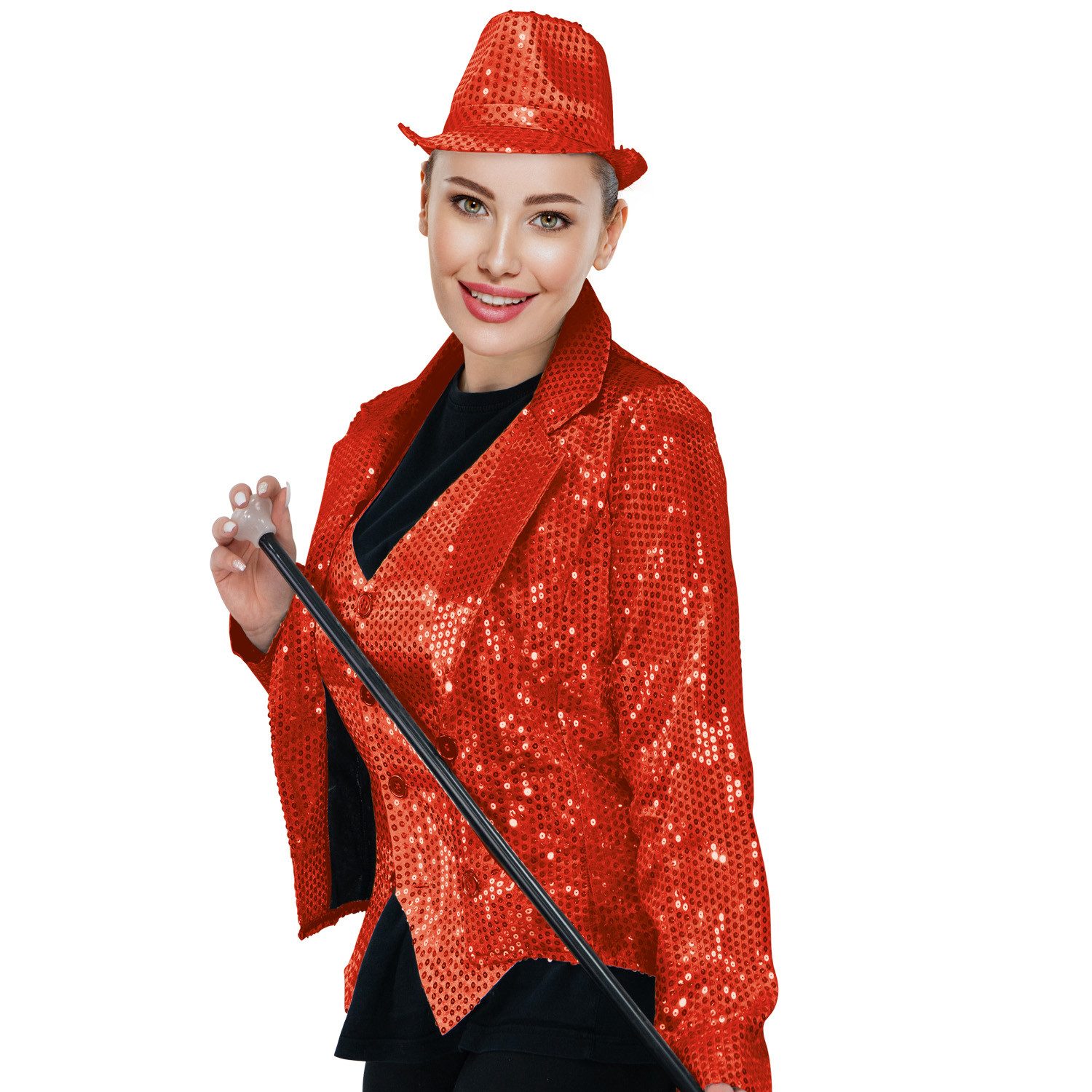 Party Factory Kostüm Pailletten Frack Damen - Rot XL, mit glitzernden Pailletten versetzt