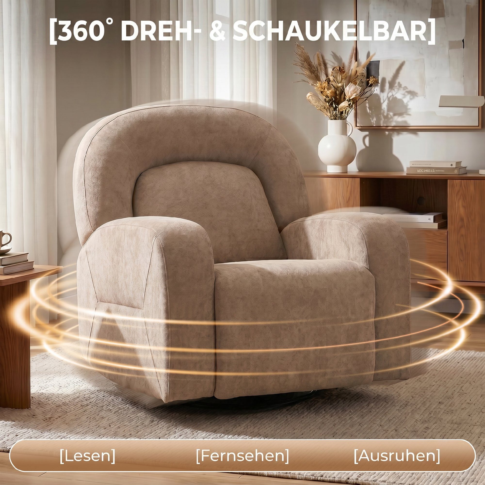 HOMCOM Relaxsessel Ruhesessel Drehbarer mit Breitem Sitz, Wolkenweicher Samt-Optik (Liegesessel, 1-St., TV Sessel), Liegefunktion, Drehfunktion, Schaukelfunktio – Bild 5 von 5