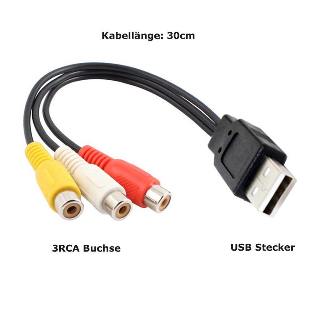Bolwins D43 USB2.0 auf Cinch Kabel AV Audio Video Adapter Camcorder DVD TV PC Audio- & Video-Kabel, USB-A Stecker, 3x RCA Buchse (Audio/Video) (30 cm), Plug & Play AV Audio-Video-Übertragung