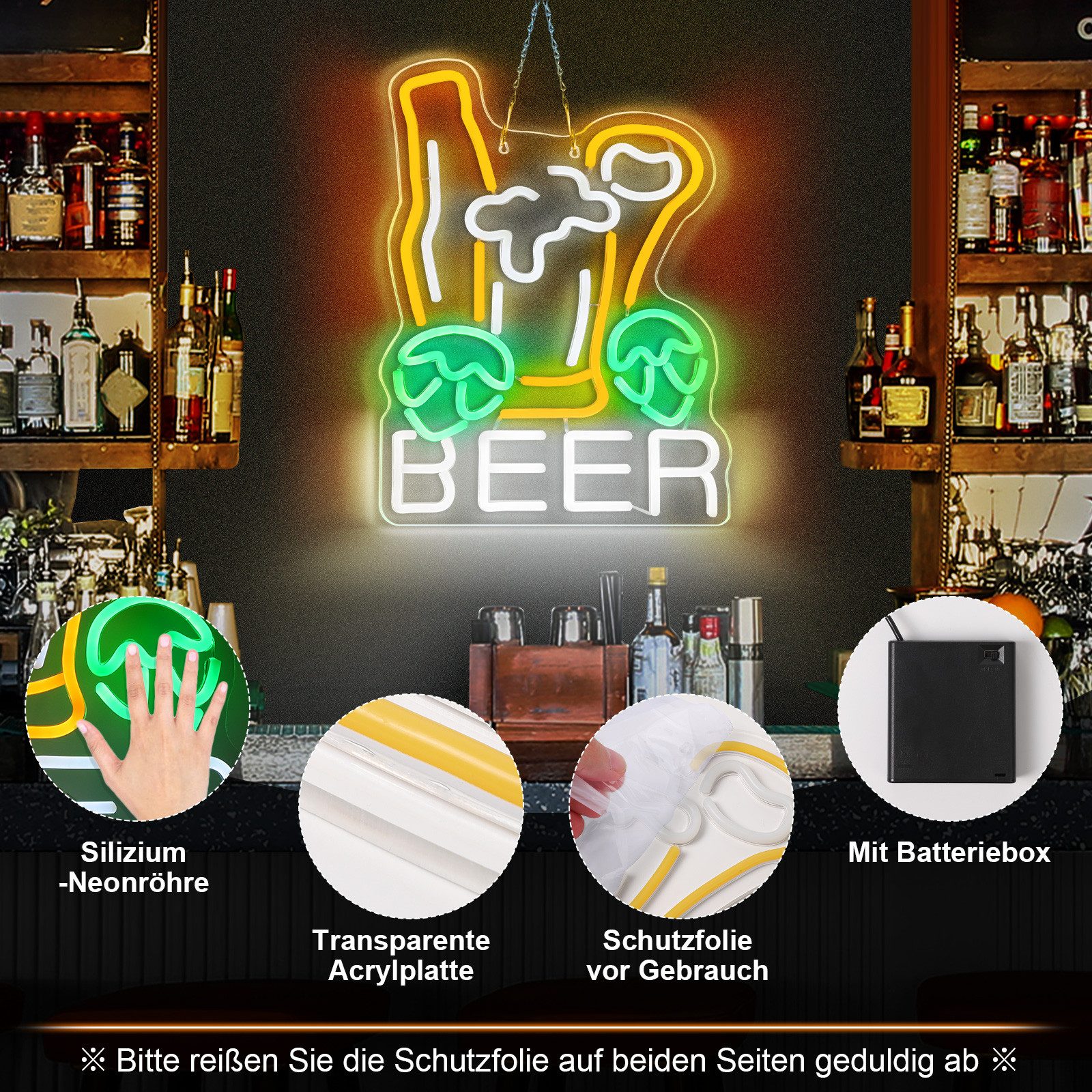 Laybasic Nachtlicht Beer Neon Schilder, 6 Helligkeit Einstellen, USB Batterie Gepierct, 30×60cm,für Bar Party Nachtclub Deko Geschenk