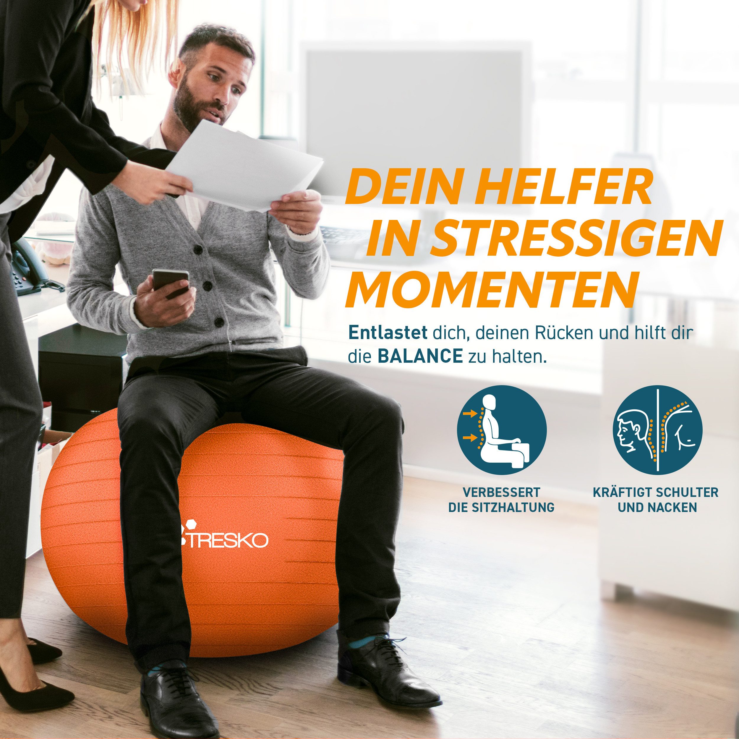 TRESKO Gymnastikball mit GRATIS Übungsposter inkl. Luftpumpe Yogaball, BPA-Frei Sitzball Büro Anti-Burst inkl. Luftpumpe, Fitnessball