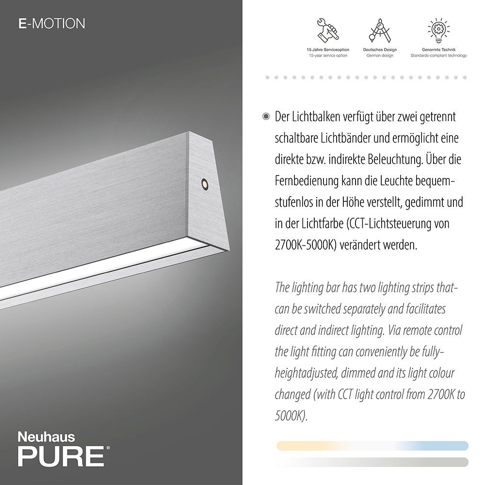 Paul Neuhaus LED CCT LED warmweiß kaltweiß, dimmbar 1xLED-Board/26W/2700-5000K, CCT-Farbtemperaturregelung, Memoryfunktion, bis elektrisch Pendelleuchte Fernbedienung ausfahrbar Pendelleuchte aluminium PURE-E-MOTION, Dimmfunktion