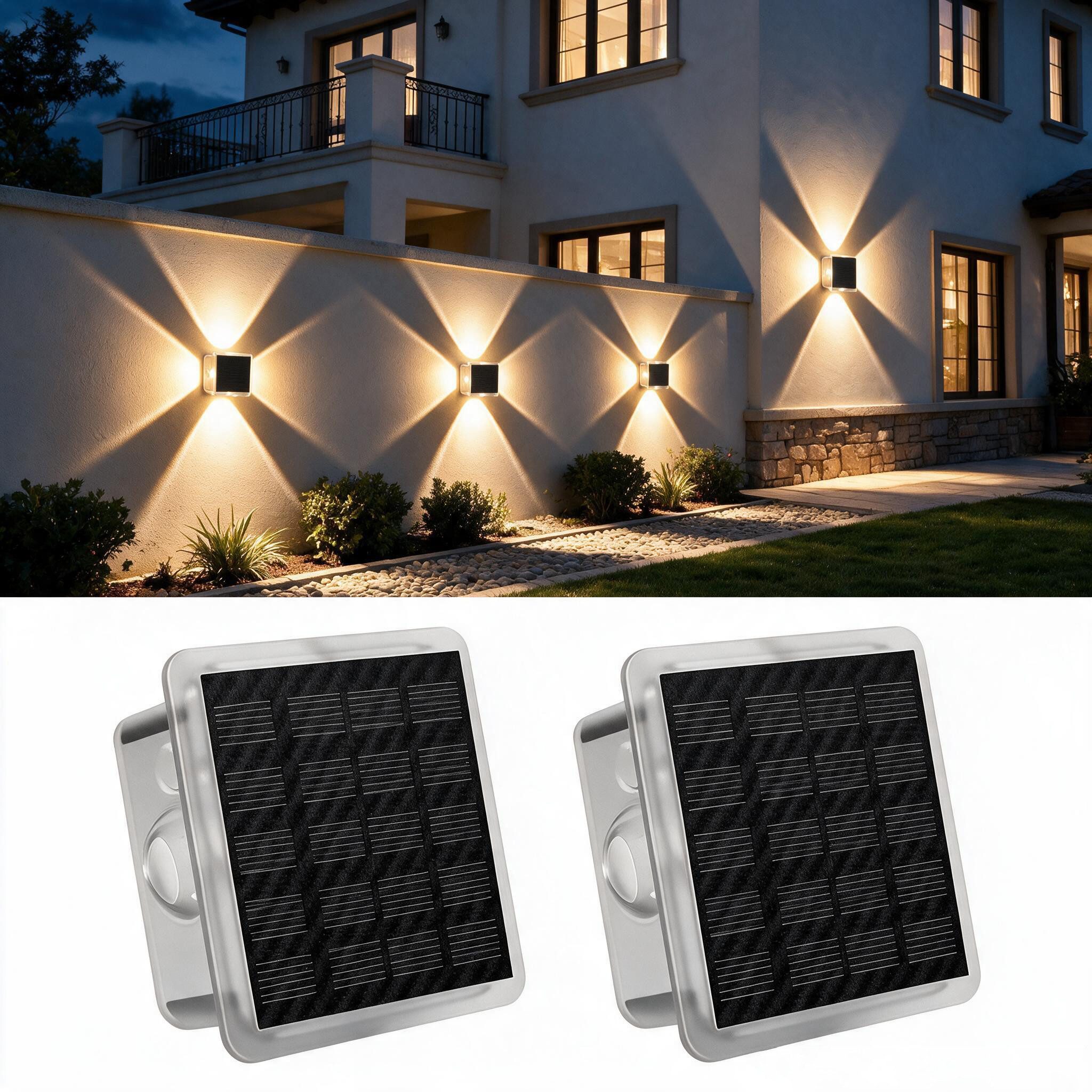 Vornix LED Außen-Wandleuchte Solar nfür, Up and Down Solarlampen für Außen Wand, 2/4 Stück, IP66 Wasserdicht, 4 LEDs, 8 Farbmodi Solarleuchten für Garten Hof Terrassen Balkone Veranden