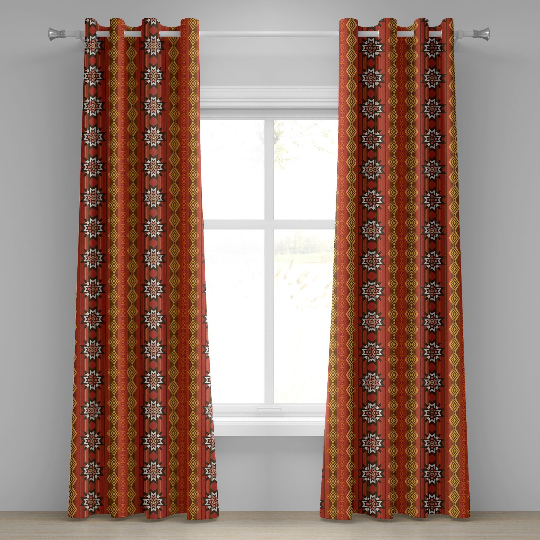2-Panel-Fenstervorhänge Orange Schlafzimmer Dekorative Gardine Abakuhaus, traditionelle Motiv für Wohnzimmer,