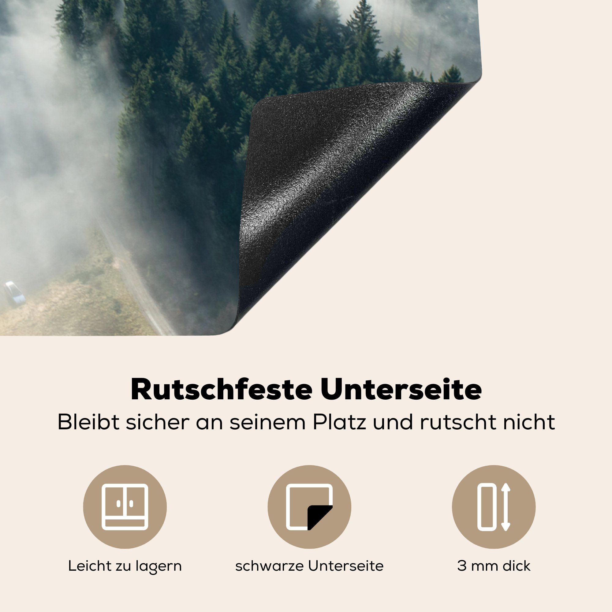 (1 Schutz Luftaufnahme Nebel Herdblende-/Abdeckplatte 81x52 küche, Vinyl, tlg), cm, Wald, für Induktionskochfeld Ceranfeldabdeckung von einem in die MuchoWow