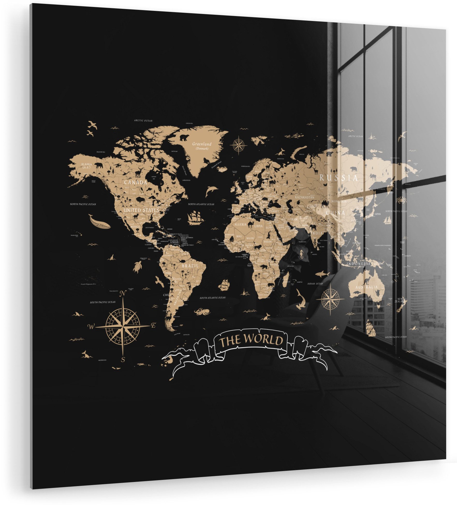 Weltkarte - Beige - Schwarz