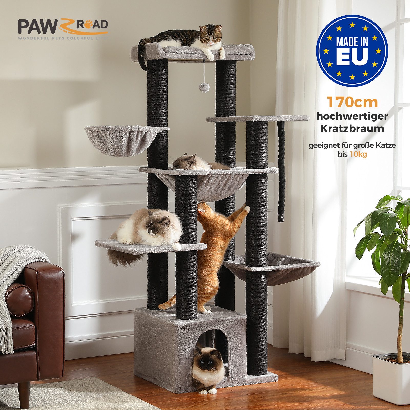 PAWZ Road Kratzbaum Kratzbaum Grosse Katzen stabil 13 Sisalpfosten(11cm), XXL 169 cm, Schwarz