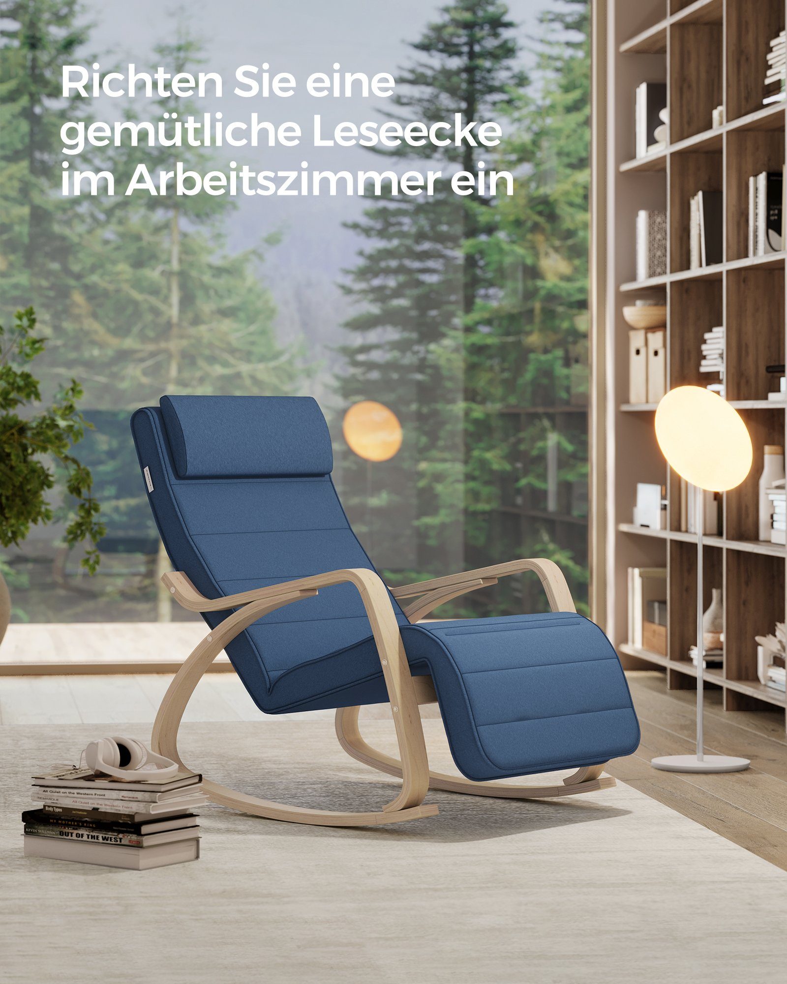 SONGMICS Schaukelsessel Schaukelstuhl, für Schlafzimmer, Wohnzimmer, 67 x 115 x 91 cm (mit Armlehnen aus Birkenholz), 5-fach verstellbare Fußstütze, bis 150 kg  – Bild 4 von 5