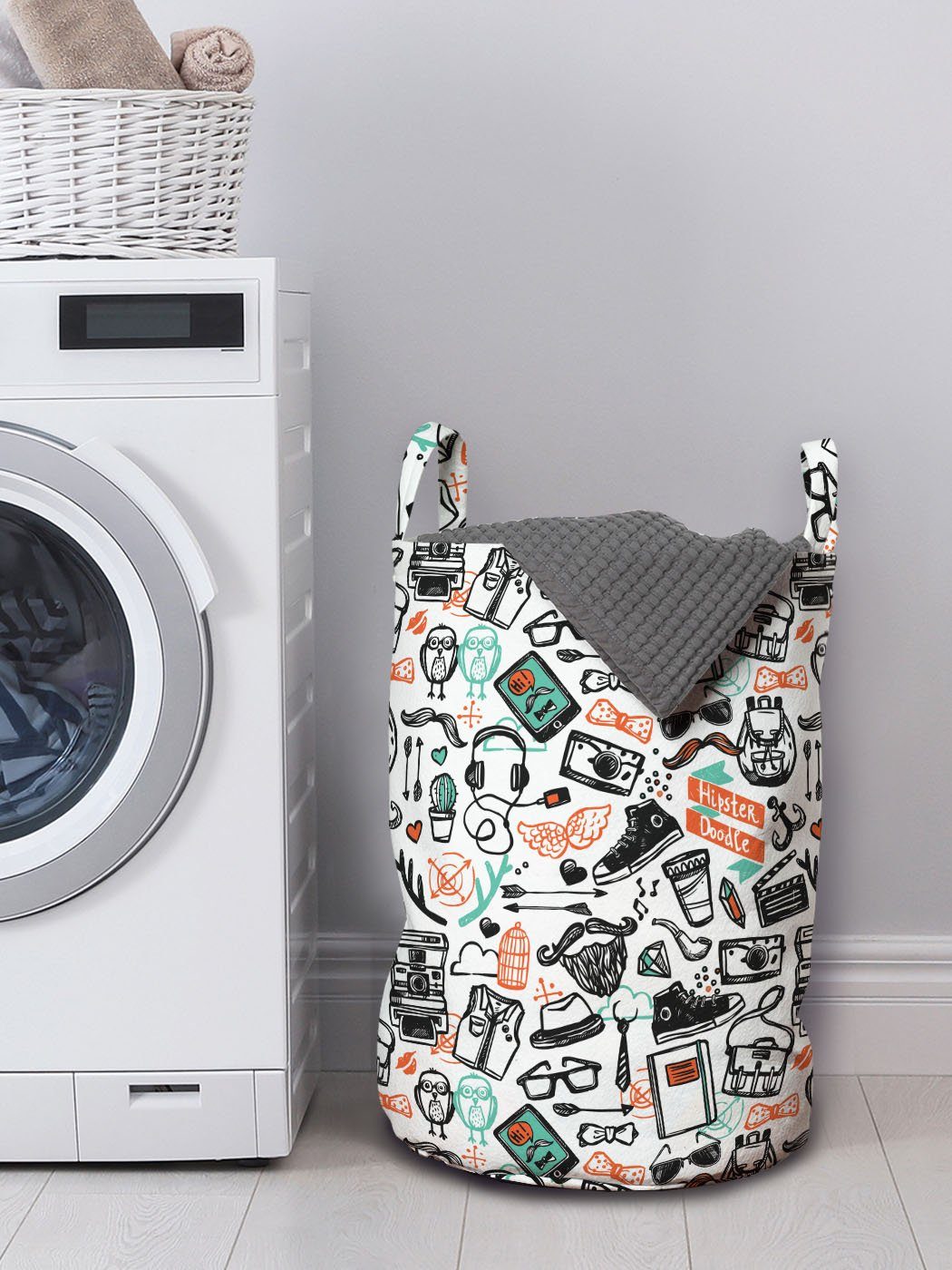 Waschsalons, mit für Indie Mode-Skizze Hipster Griffen Wäschekorb Abakuhaus Wäschesäckchen Kordelzugverschluss