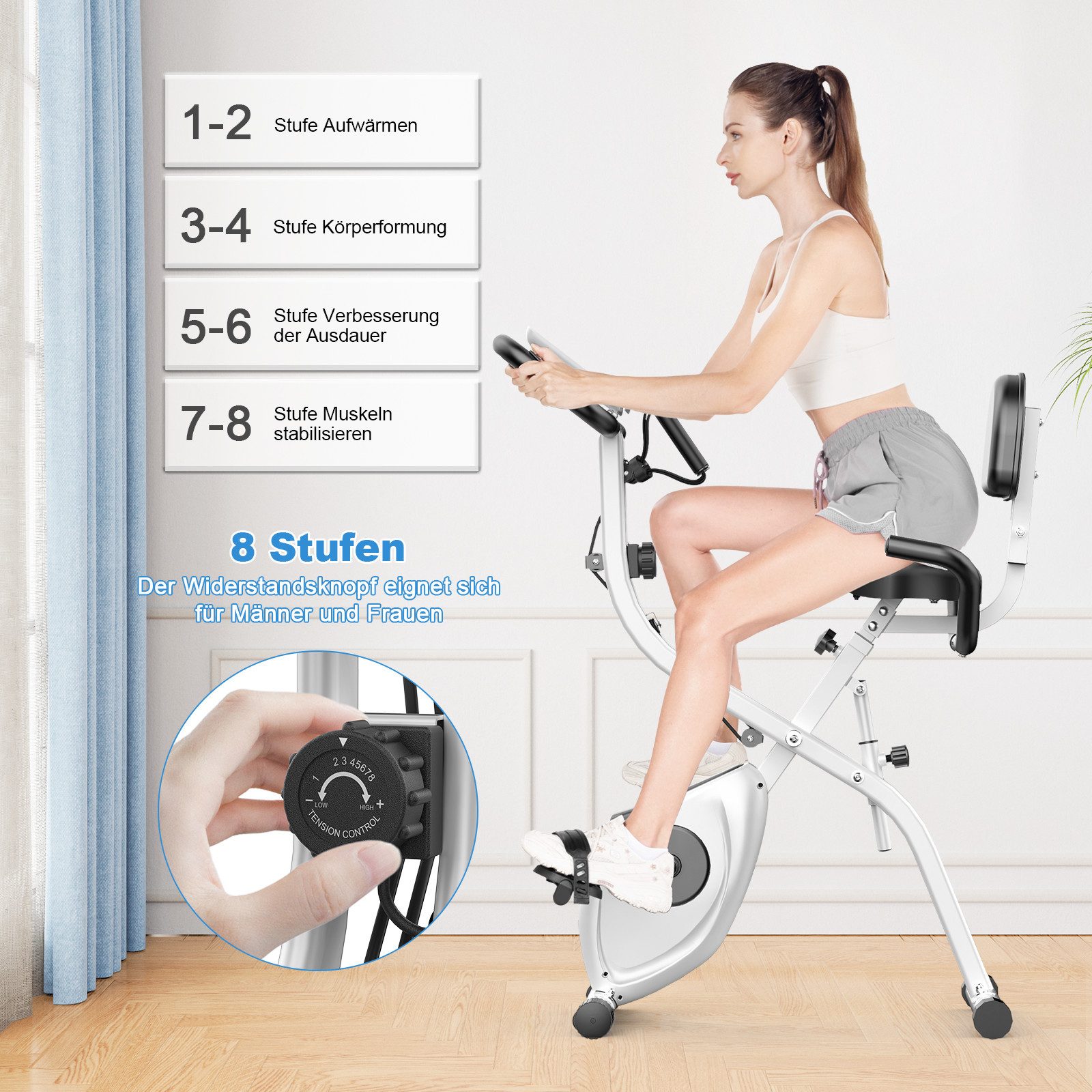Gywowken Heimtrainer Fitnessbike - Hometrainer Fahrrad Klappbar (klappbarer Heimtrainer, LCD-Display, Handpulssensoren), mit 8 Stufen verstellbarem Magnetwiderstand und Spannseil