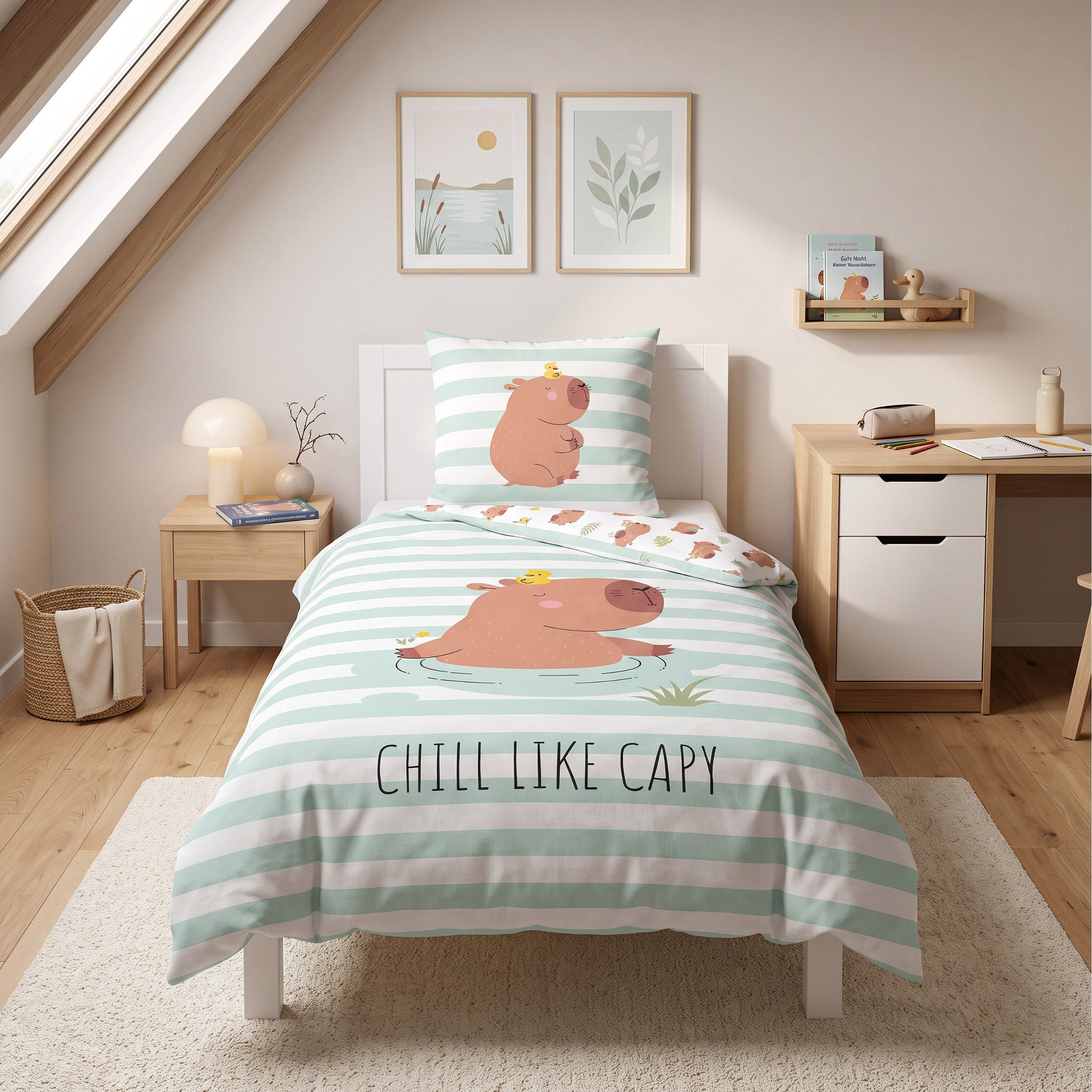 MTOnlinehandel Bettwäsche Capybara „Chill like Capy“ 135x200 cm Flanell, Wendemotiv, 100% Baumwolle, 2 teilig, Streifendesign mit kleiner Ente und verspielten Naturdetails