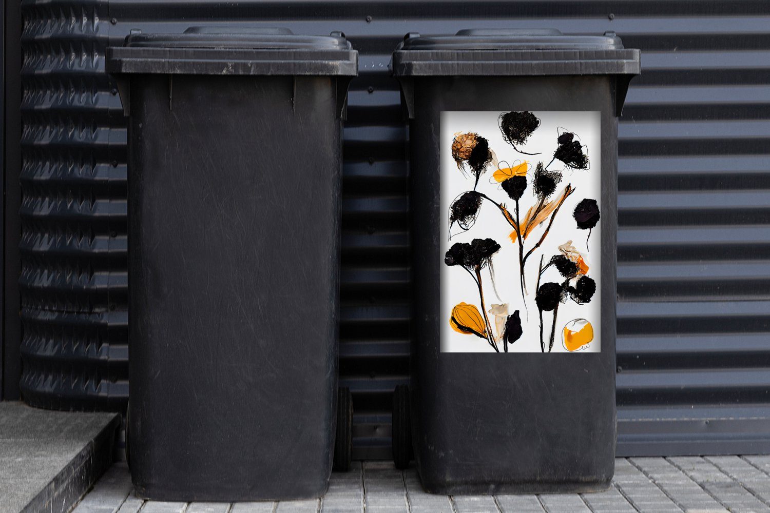 Mülltonne, Sticker, Gelb - - Blumen St), Pflanzen - Mülleimer-aufkleber, - MuchoWow Schwarz Pastell Container, Wandsticker (1 Abfalbehälter