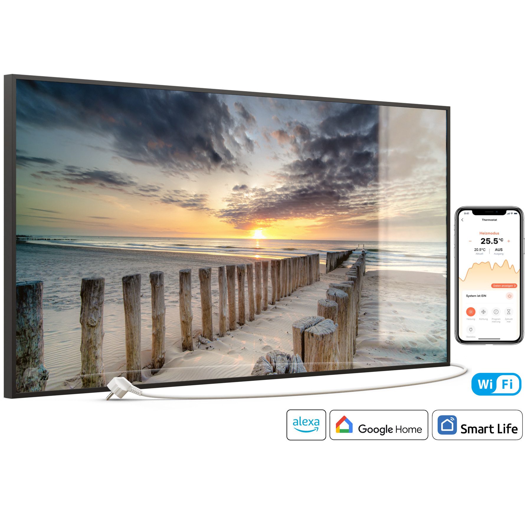 STEINFELD Heizsysteme Infrarotheizung Glas-Bild 750W, 120x60cm, Made in Germany, 7 Jahre Garantie, mit Thermostat, Schwarz